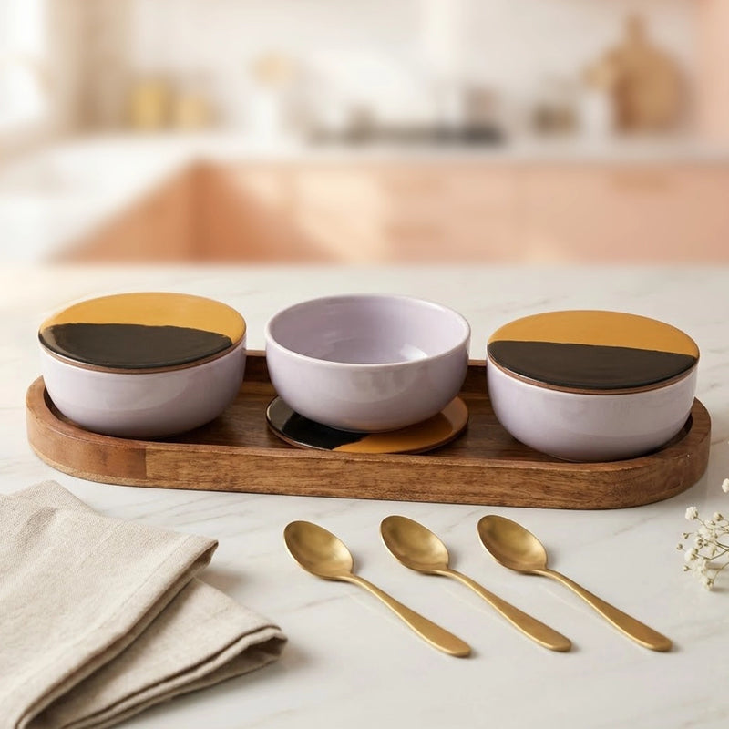 Solid Lavender Ceramic Bowls Serving Set – 3 Bowls, 3 Coaster, 3 Spoon and 1 Tray