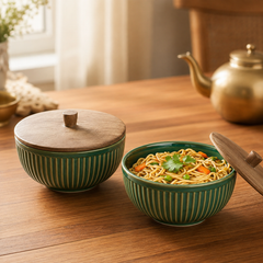 Glam Green Ceramic Bowl Set with Wooden Lids (4 Pcs)