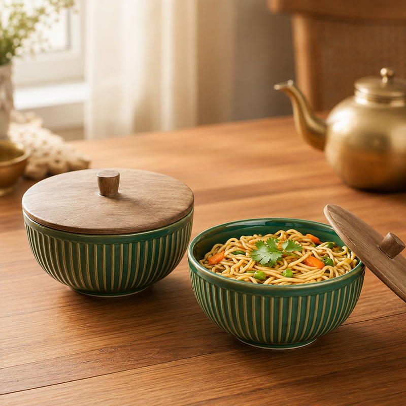 Glam Green Ceramic Bowl Set with Wooden Lids (4 Pcs)