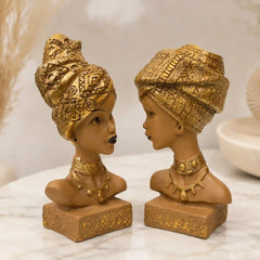 Artistic African Lady Sculptural Bust Pair – Decorative Gold Statues Set of 2