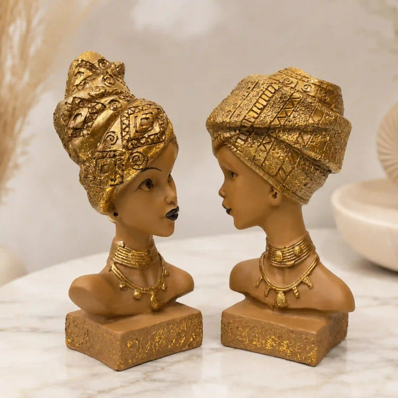 Artistic African Lady Sculptural Bust Pair – Decorative Gold Statues Set of 2