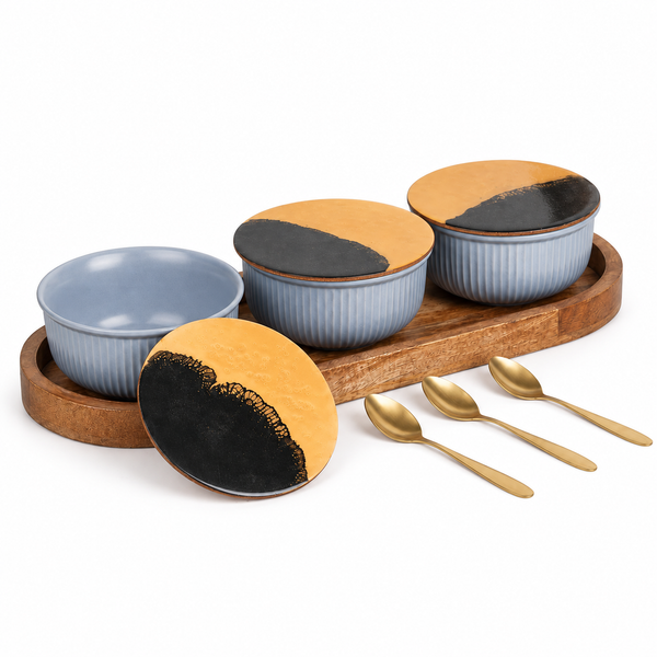 Grey Fringe Ceramic Bowl Serving Set 3 Bowls, 1 Tray, 3 Spoon and 3 Coaster