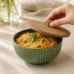 Glam Green Ceramic Bowl Set with Wooden Lids (4 Pcs)