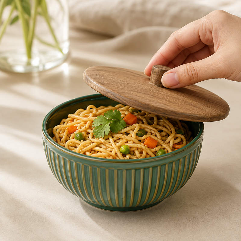 Glam Green Ceramic Bowl Set with Wooden Lids (4 Pcs)