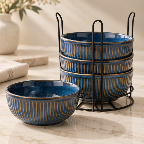 Glam Blue Ceramic Bowl Set of 4 with Stand