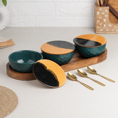 Teal Diamond Ceramic Bowl Serving Set 3 Bowls, 1 Tray, 3 Spoon and 3 Coaster
