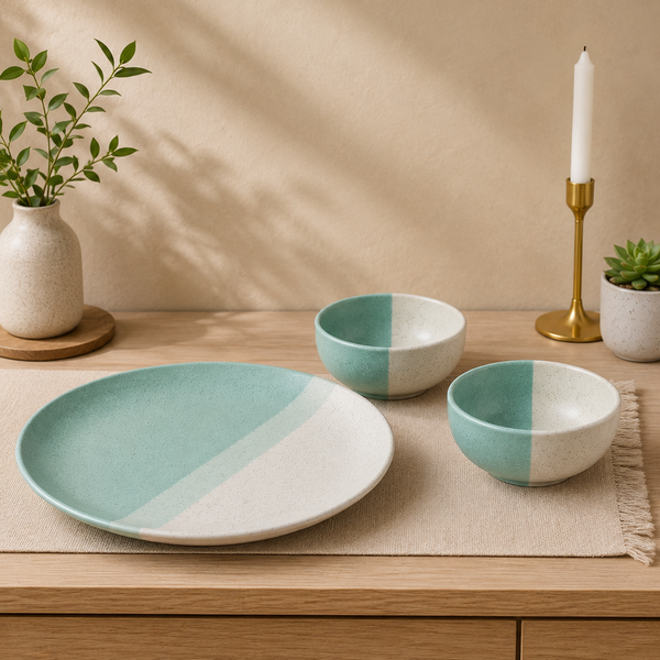 Tritone Green Matte Ceramic Dinner Plate with 2 Serving Bowl