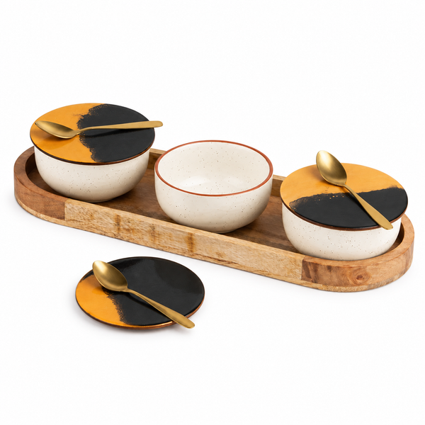 White Marble Ceramic Bowl Serving Set 3 Bowls, 1 Tray, 3 Spoon and 3 Coaster