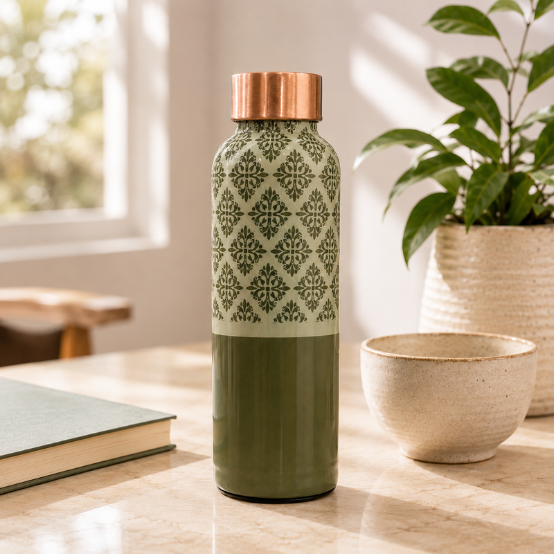 Sage Lattice Copper Water Bottle | Handcrafted Damask Design | 900ml