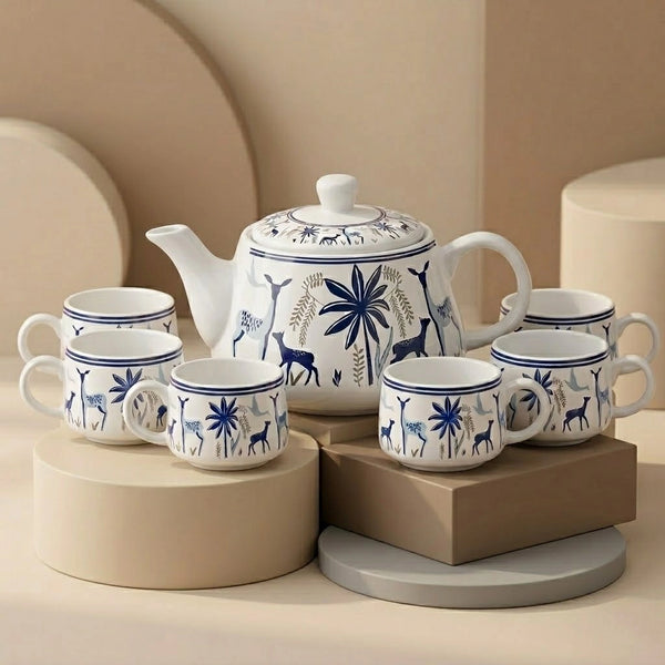 Ceramic Stag Blue Morning Tea Set - 6 Tea Cups, 1 Kettle