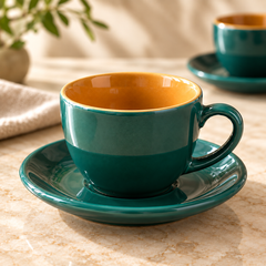 Teal Novelle Ceramic Cappuccino Cup & Saucer Set of 4