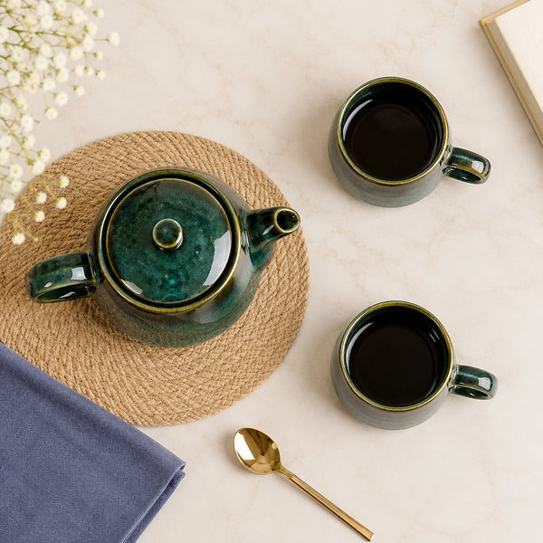 Green Glaze Ceramic Tea Set | Kettle & 2 Cups (400ml)