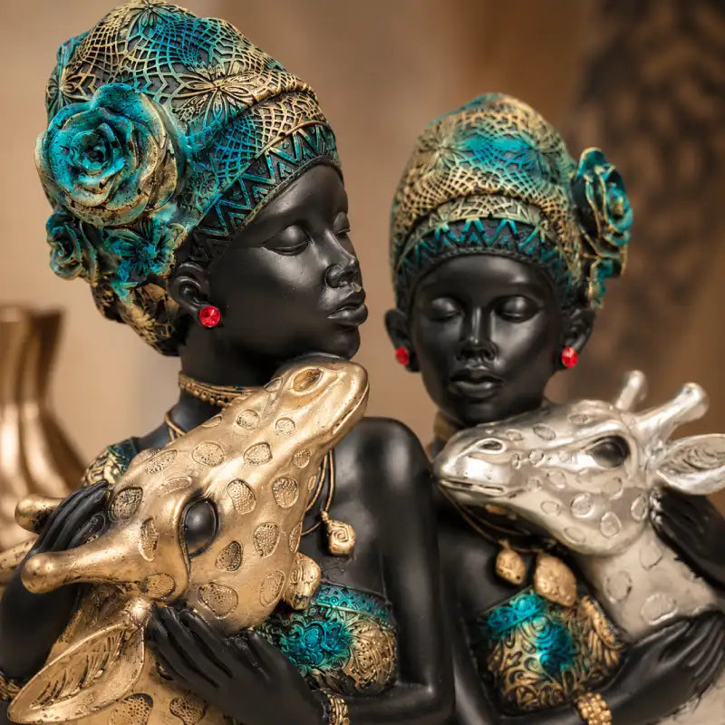 Elegant African Lady with Deer Sculptural Bust Pair – Decorative Gold & Silver Figures