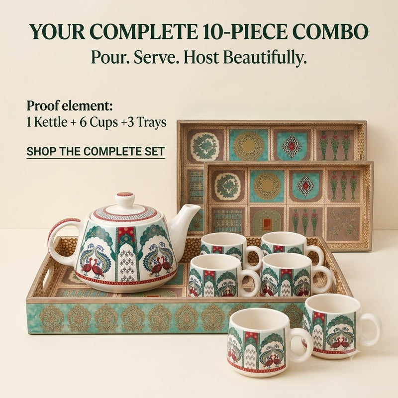 Handcrafted Ceramic Tea Set with Serving Trays – 10 Piece