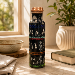 Warli Art Copper Water Bottle | Handcrafted Tribal Design | 900ml