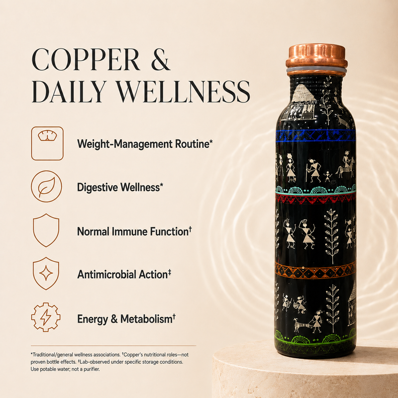Warli Art Copper Water Bottle | Handcrafted Tribal Design | 900ml