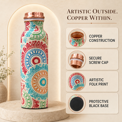 Ajrakh Bloom Copper Water Bottle | Folk Art Block Print | 900ml