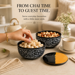 Black Artvine Ceramic Bowl Set with Wooden Lids (4 Pcs)