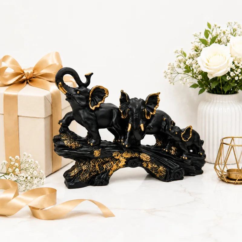 Majestic Black & Gold Elephant Family Sculpture