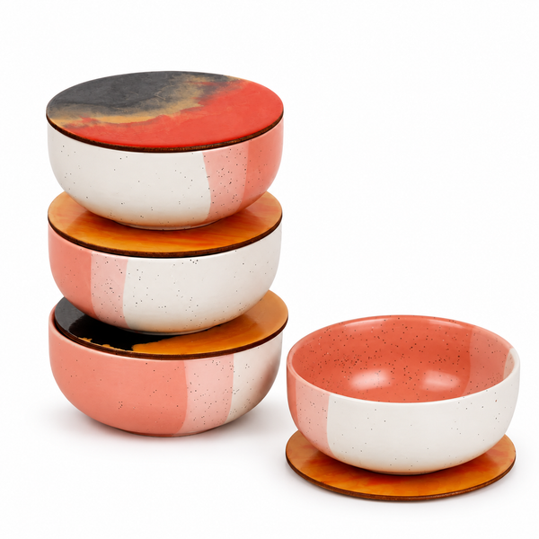 Tritone Pink Matte Ceramic Bowl Set of 4 – 500ML with Lid