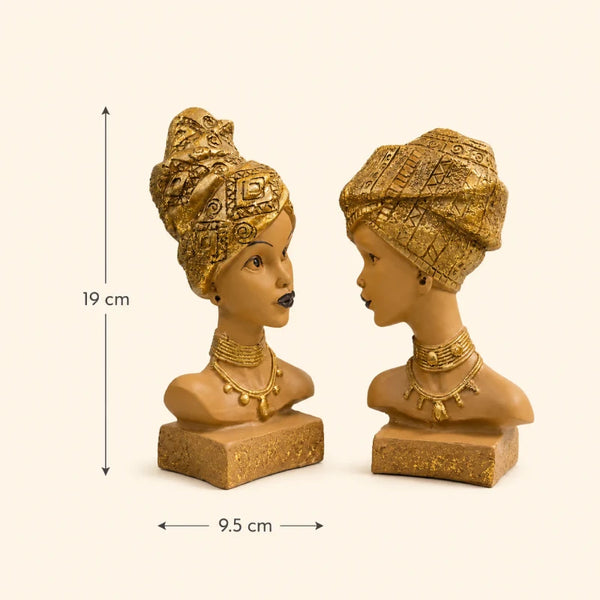 Artistic African Lady Sculptural Bust Pair – Decorative Gold Statues Set of 2