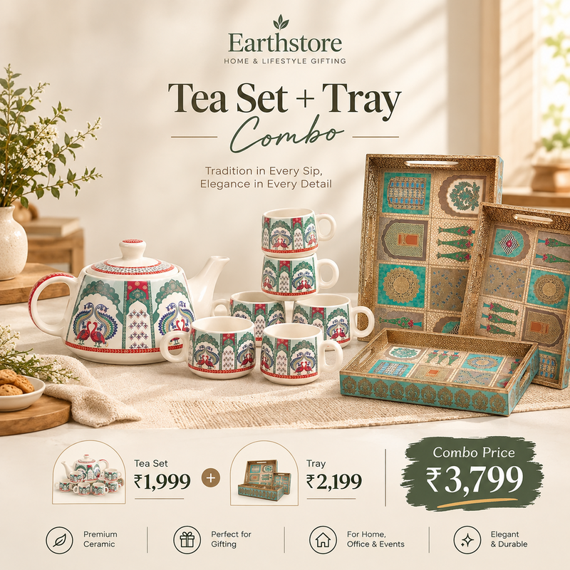 Handcrafted Ceramic Tea Set with Serving Trays – 10 Piece