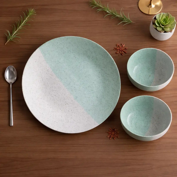 Tritone Green Matte Ceramic Dinner Plate with Serving Bowl