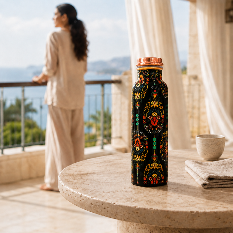 Himalayan Village Copper Water Bottle | Kashmiri Floral Art | 900ml