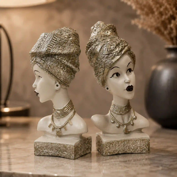 Artistic Ethnic Silver Lady Sculptural Bust Pair – Decorative Statues