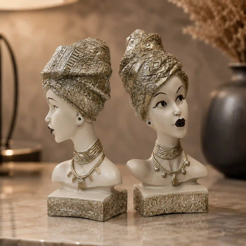 Artistic Ethnic Silver Lady Sculptural Bust Pair – Decorative Statues