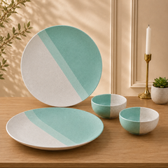Tritone Green Matte 2 Ceramic Dinner Plate with 2 Serving Bowl