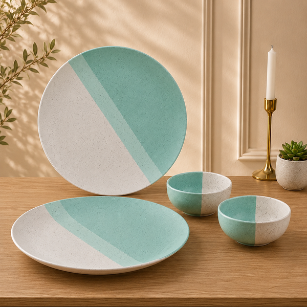 Tritone Green Matte 2 Ceramic Dinner Plate with 2 Serving Bowl