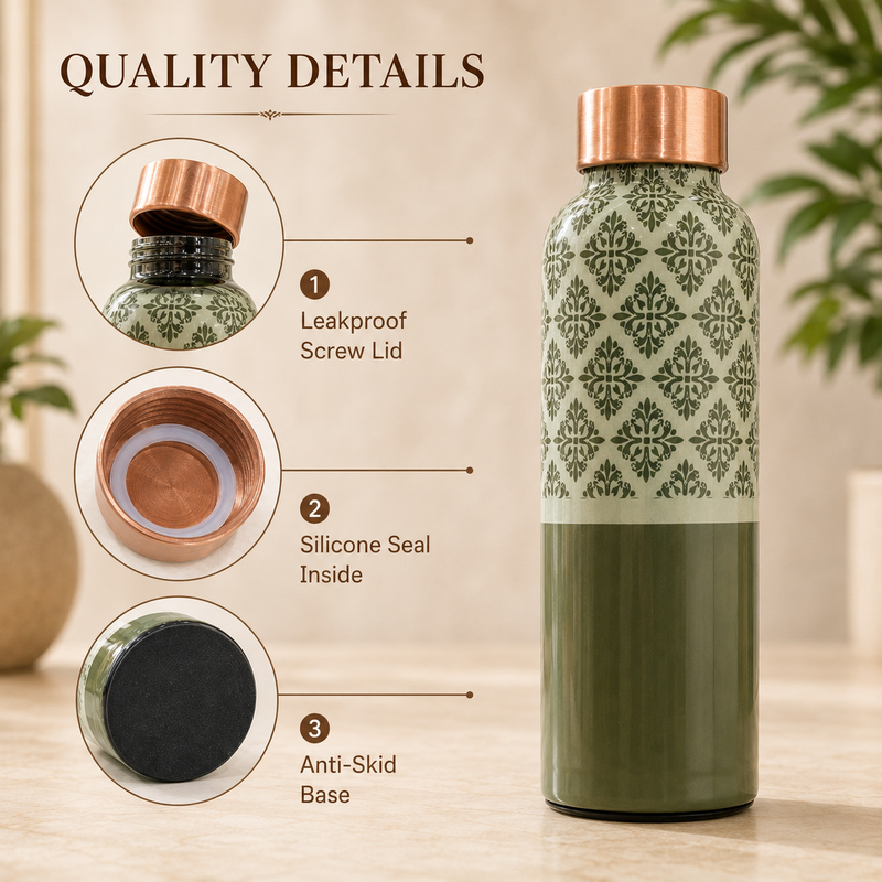 Sage Lattice Copper Water Bottle | Handcrafted Damask Design | 900ml