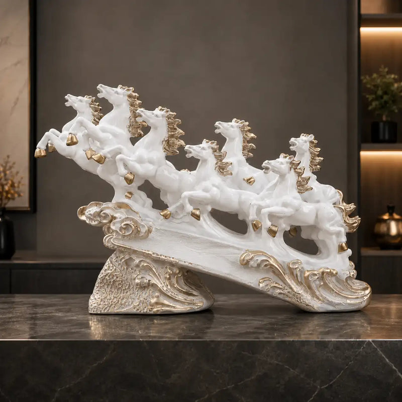 Majestic White & Gold Galloping 7 Horse Sculpture