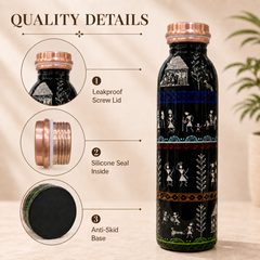 Warli Art Copper Water Bottle | Handcrafted Tribal Design | 900ml