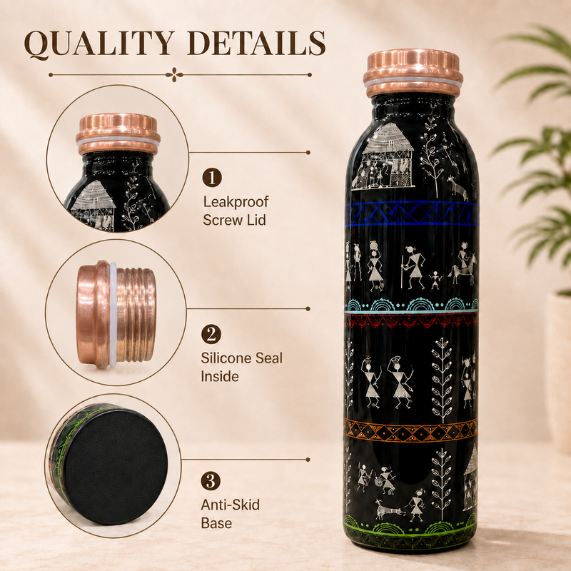Warli Art Copper Water Bottle | Handcrafted Tribal Design | 900ml