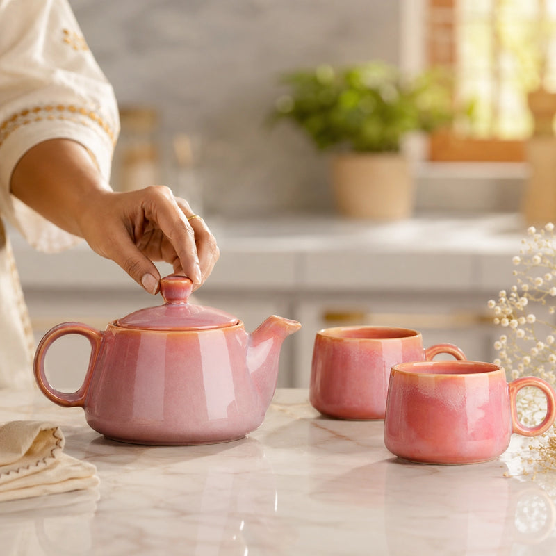 Pink Glaze Ceramic Tea Set | Kettle & 2 Cups (400ml)