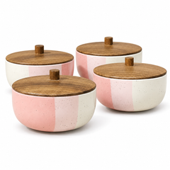 Tritone Pink Matte Ceramic Bowl Set with Wooden Lids (4 Pcs)