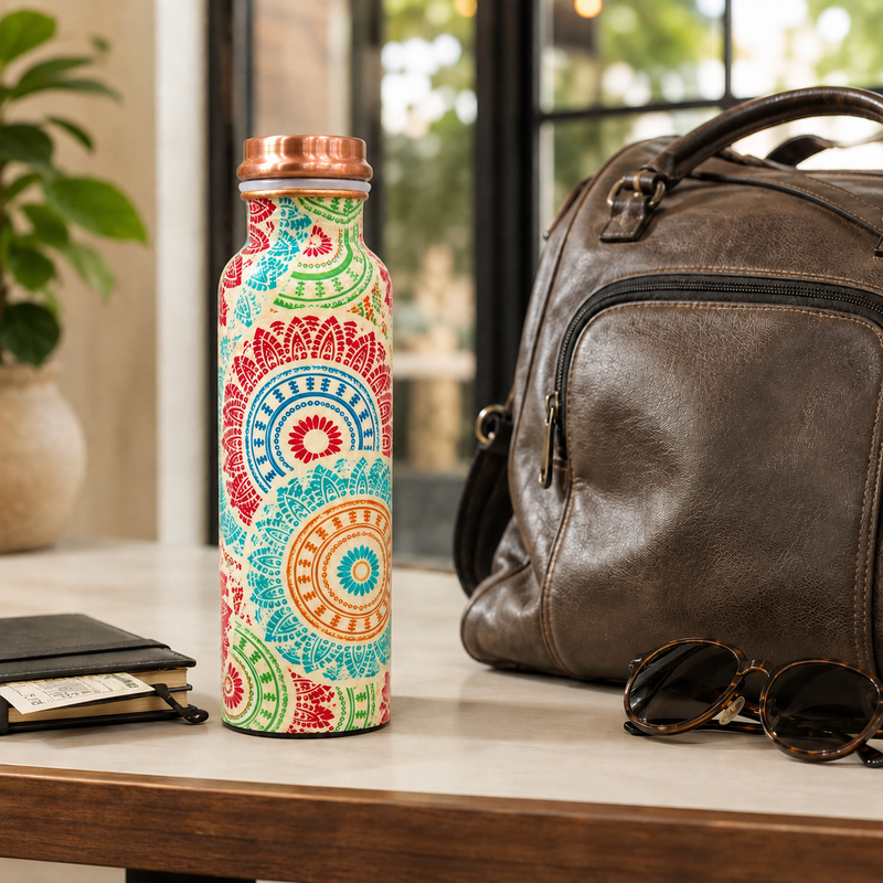 Ajrakh Bloom Copper Water Bottle | Folk Art Block Print | 900ml