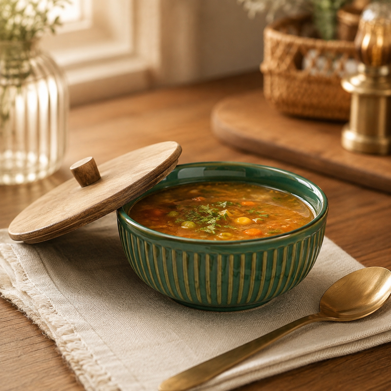 Glam Green Ceramic Bowl Set with Wooden Lids (4 Pcs)