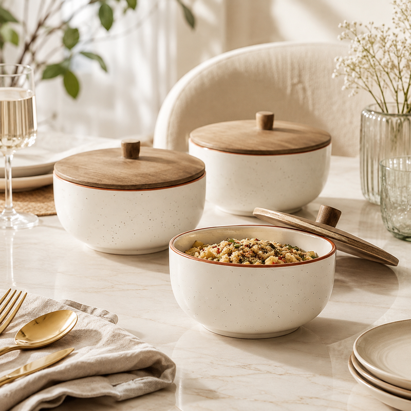 Three speckled cream ceramic bowls with light brown wooden lids are arranged on a softly lit dining table. One bowl in the foreground contains food, with its lid beside it, while two more bowls sit behind.