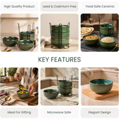 Glam Green Ceramic Bowl Set with Stand (4 Pcs)