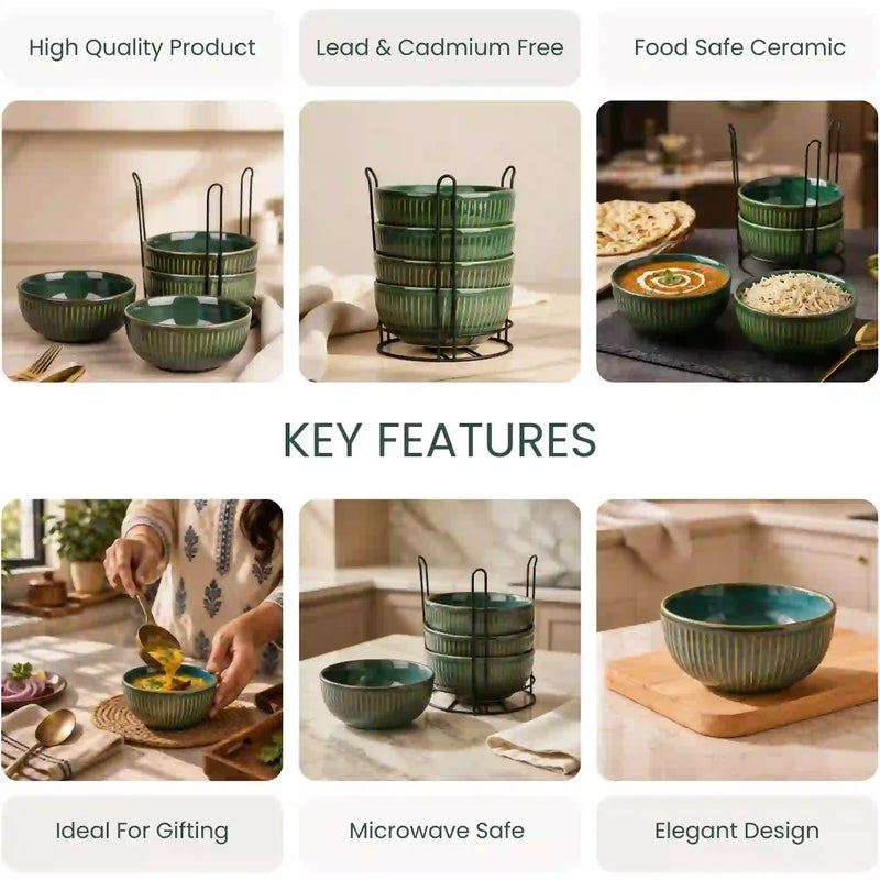 Glam Green Ceramic Bowl Set with Stand (4 Pcs)