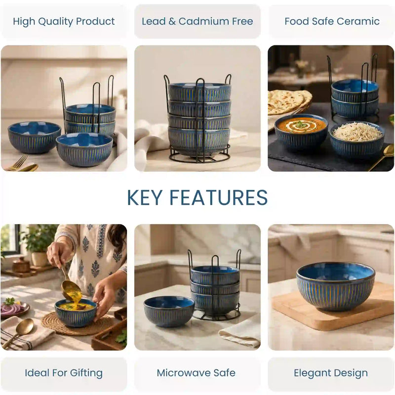 Glam Blue Ceramic Bowl Set of 4 with Stand