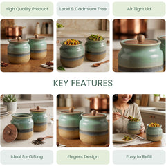 Rustic Green Ceramic Jar Set of 2 (800ML) – Airtight Kitchen Storage Containers & Spice Jars
