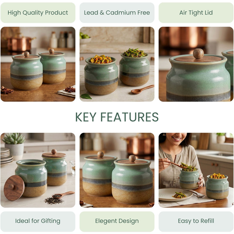 Rustic Green Ceramic Jar Set of 2 (800ML) – Airtight Kitchen Storage Containers & Spice Jars