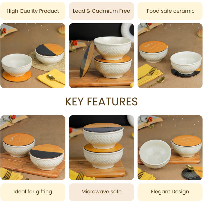 Cream Star Ceramic Bowl Set of 2 – 580ML with Lid