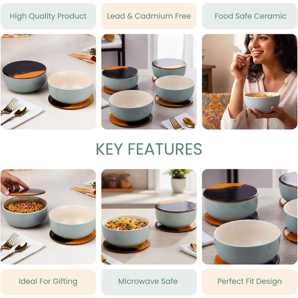 Grey Mellow Ceramic Bowl Set of 2 – 450ML with Lid