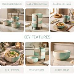 Tritone Green Ceramic Bowl Set of 4 with Metal Stand (500ml)