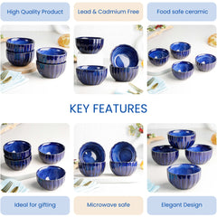 Blue Ribbed Ceramic Bowl Set of 4, 320ML